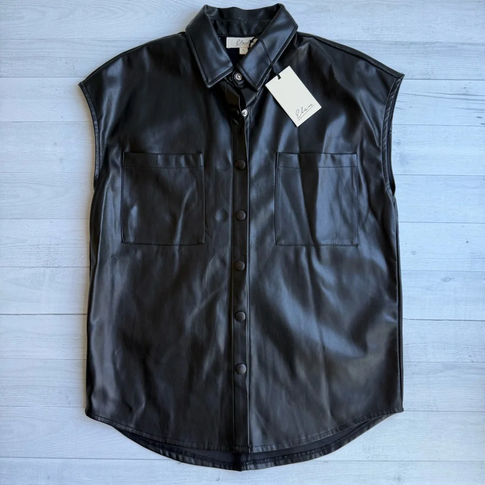 NWT Elan Black Faux Leather Florence Sleeveless Button Down Collared Top S - Picture 1 of 8